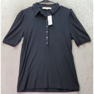 LOFT Henley Top Womens Medium Black Stretch Ribbed‎ Rayon Short Sleeve Collared